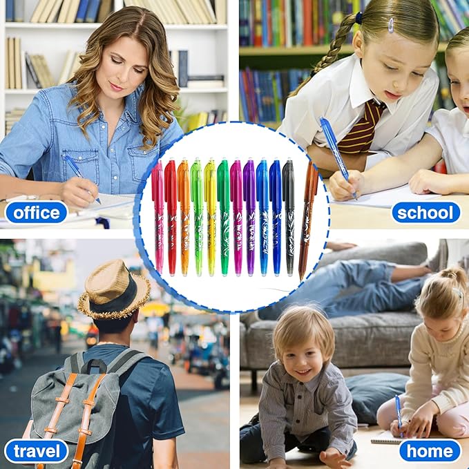 Erasable Pens Multicolor - 12 Colorful Erasable Gel Pens for School Office Journals Smooth Gel Pens Markers Refillable Colored Pens for Kids Adults