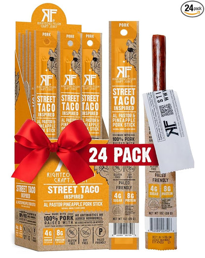 Righteous Felon Meat Sticks | 100% Pork Sticks | Gluten Free & Keto Meat Sticks | Low Sugar & High Protein Pork Sticks | Healthy Snack for Adults | Jerky Gifts for Men | Street Taco, 24 Pack