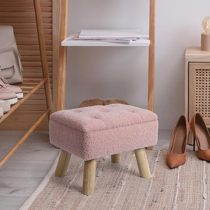 Storage Ottoman, Small Foot Stool Ottoman with Storage, Boucle Teddy Velvet Foot Rest with Padded Seat, Sturdy Wood Legs Stool for Living Room, Bedroom, Couch, Enterway (Pink)