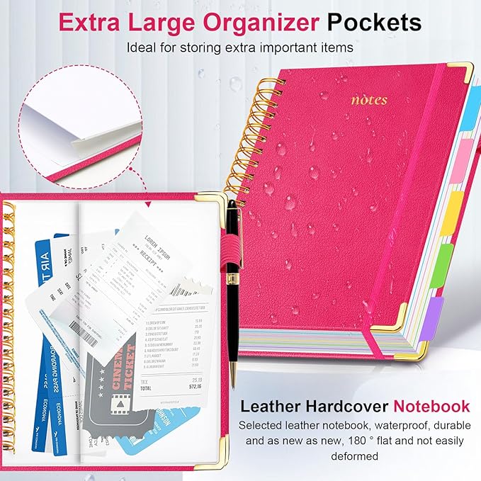 Hardcover Spiral Notebook 8.5"x11" Journal Notebook with Tabs and Removable Dividers 300 Pages 5 Subject Notebook College Ruled, Faux Leather Spiral Bound Notebook for Women School Work (Rose Red)