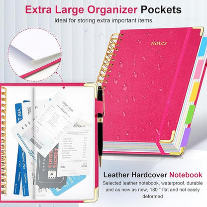 Hardcover Spiral Notebook 8.5"x11" Journal Notebook with Tabs and Removable Dividers 300 Pages 5 Subject Notebook College Ruled, Faux Leather Spiral Bound Notebook for Women School Work (Rose Red)