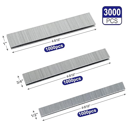 HW HAMWOO 18 Gauge 1/4" Narrow Crown Staples,Galvanized 18GA Nail Gun Nails Assorted, Suitable for Most Brand of 18 Gauge Pneumatic and Electric Brad Nailer (1/2",3/4",1":3000PCS)