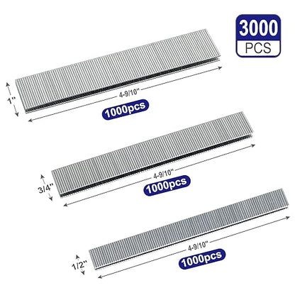 HW HAMWOO 18 Gauge 1/4" Narrow Crown Staples,Galvanized 18GA Nail Gun Nails Assorted, Suitable for Most Brand of 18 Gauge Pneumatic and Electric Brad Nailer (1/2",3/4",1":3000PCS)