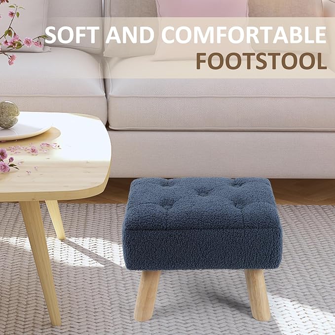 Storage Ottoman, Small Foot Stool Ottoman with Storage, Boucle Teddy Velvet Foot Rest with Padded Seat, Sturdy Wood Legs Stool for Living Room, Bedroom, Couch, Enterway (Dark Blue)