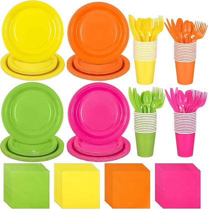 durony 350 Pieces Neon Party Supplies Paper Plates Serve 50 Guests 7 Inch 9 Inch Dinner Plates Napkins Paper Cups Cutlery Bright Color Disposable Glow Party Tableware for Fiesta Neon Birthday