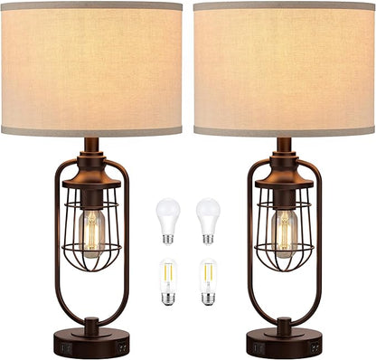 Table Lamps for Living Room Set of 2, Farmhouse Lamps for Night Stands, Industrial Bedside Lamps for Bedroom Nightstand with USB A+C, Bulbs Included