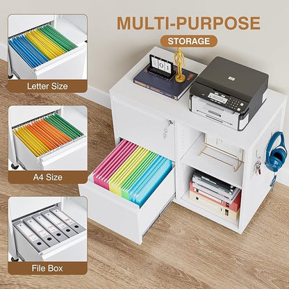 Lateral 2 Drawer Filing Cabinet with Lock, Mobile File Cabinet on Wheels, Printer Stand with Storage for Legal/Letter/A4 File Folders(White)