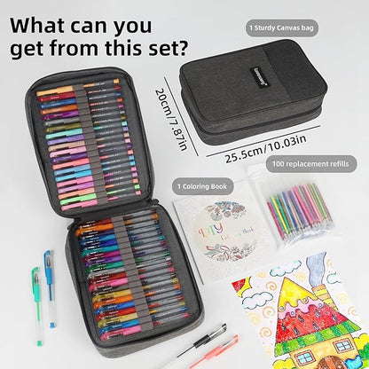 200 Pack Gel Pen Set 100 Colored Gel Pen with 100 Refills,Glitter Gel pens 40% More Ink with Canvas Bag for Kids Coloring Books Drawing Crafts Scrapbooks Journaling Planner