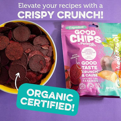 Good Chips Beet & Yacon - Crispy, Baked, No Oil, No Added Salt - Organic, High Fiber, Prebiotic Superfood - Healthy, Vegan Snack - 0.7 oz, Pack of 12