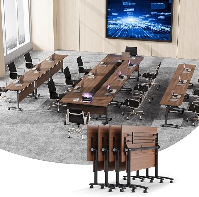 Conference Table, Foldable Conference Room Tables with Silent Wheels, Folding Modular Seminar Meeting Tables, Modern Rectangle Training Table for Office, Boardroom (4, Walnut, 47.2)