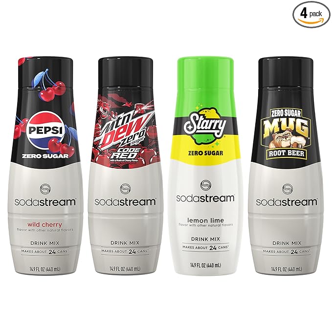SodaStream Pepsi Wild Cherry, MTN Dew Code Red, Starry & Mug Root Variety Pack, Zero Sugar, 440ml Pack of 4