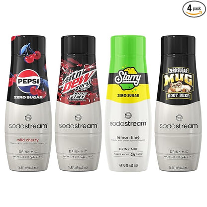 SodaStream Pepsi Wild Cherry, MTN Dew Code Red, Starry & Mug Root Variety Pack, Zero Sugar, 440ml Pack of 4