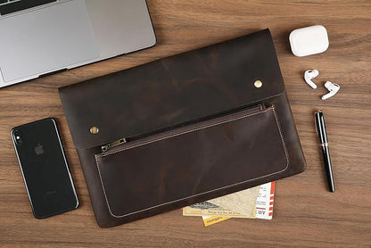 Genuine Leather Sleeve for 13/14/15-in MacBook Pro & MacBook Air, Slim Protective Laptop Case, Folio Document Organizer Leather Folder Portfolio-Dark Kahki