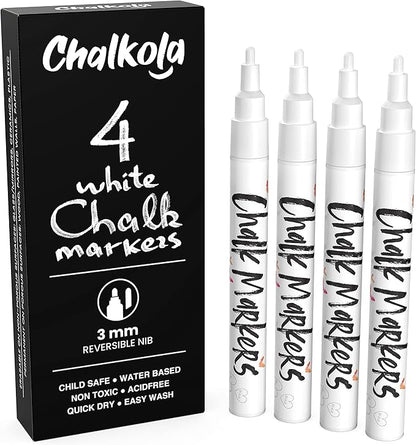 White Chalk Markers Fine Tip 4 Pack — 3mm Wet & Dry Erase Chalk Pens for Blackboards & Glass