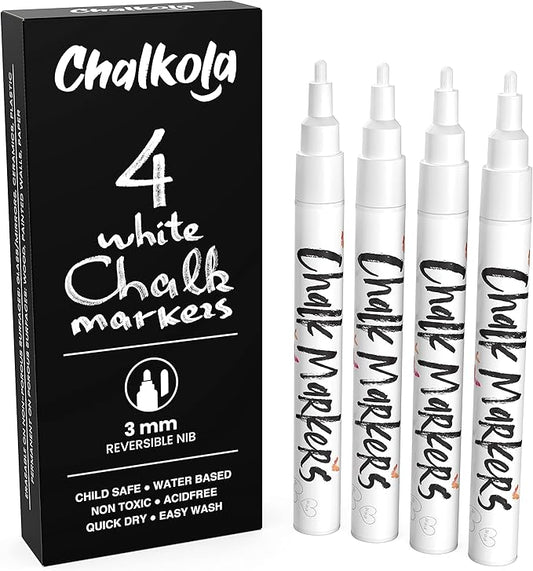 White Chalk Markers Fine Tip 4 Pack — 3mm Wet & Dry Erase Chalk Pens for Blackboards & Glass