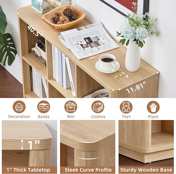 9 Cube Storage Book Shelf, 41" Tall Organizer Bookshelf with Curved Edge, Floor Standing 3-Tier Wood Cubby Bookcase with Base, Modern Display Book Case for Living Room, Home Office,Natural Oak