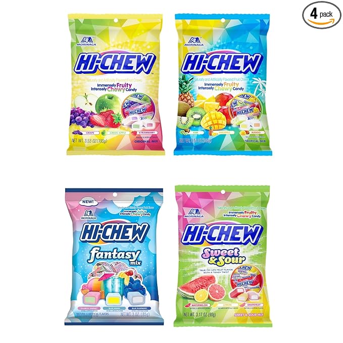 HI-CHEW Variety Mix, Pack of 4 Bags - 17 Flavor Assort Sweet and Sour Chewy Candy, Unique Fun Soft - Immensely Juicy Fruity Candy Flavors - Individually Wrapped for Sharing