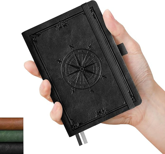 AHGXG Small Blank Pocket Journal Notebook for Men - 256 Numbered Pages B6 Mini Journal, Vintage Soft Leather Hardcover, 80gsm Paper, for Women Work Office School, 4.1'' X 5.7''- Black