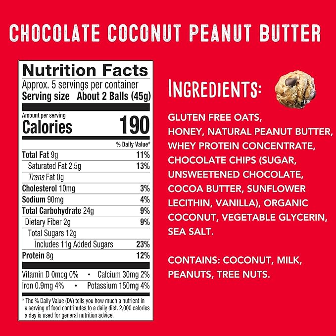 simplyFUEL Whole Food Protein Balls - Chocolate Coconut Peanut Butter - 8g Protein Snacks for Adults and Kids - Anytime Power Snack for Work, School, Travel or Gym - Gluten Free (12 Balls)