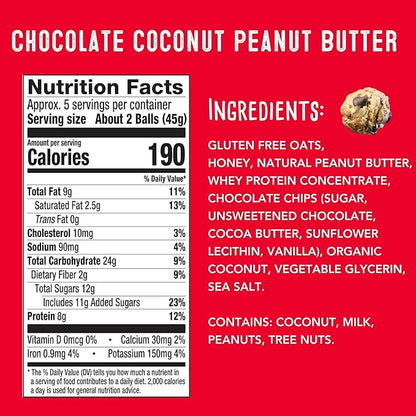 simplyFUEL Whole Food Protein Balls - Chocolate Coconut Peanut Butter - 8g Protein Snacks for Adults and Kids - Anytime Power Snack for Work, School, Travel or Gym - Gluten Free (12 Balls)