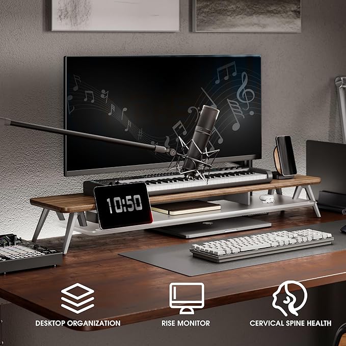 Fenge Dual Monitor Stand for Desk, 2 Tiers Monitor Riser with Acrylic Shelf, 42.5 Inch Wood and Aluminum Desk Shelf with Phone and Tablet Holder