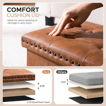 Folding Storage Ottoman 16in, Small Faux Leather Foot Rest Stool with Button Tufted Rivet Design, Footstool Bench, Ottoman with Storage for Living Room Bedroom Coffee Table 242 lbs, Brown