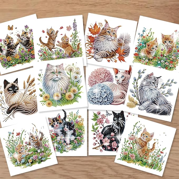 jinglinhh 12pcs Sphynx Cat Diamond Art Painting Kitten in the Flower Garden Greeting Cards with Envelopes, DIY Card Making Kits for Adults, Diamond Art Christmas Birthday Holiday cards Craft Gifts