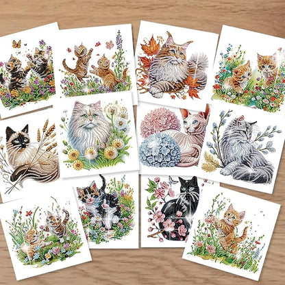 jinglinhh 12pcs Sphynx Cat Diamond Art Painting Kitten in the Flower Garden Greeting Cards with Envelopes, DIY Card Making Kits for Adults, Diamond Art Christmas Birthday Holiday cards Craft Gifts