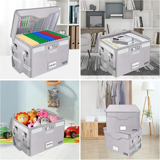 DocSafe Fireproof Document Box with Lock,File Storage Organizer with Pockets,Collapsible Portable File Box Home Office Safe Filing Cabinet with Handle for Hanging Letter/Legal Folders,Silver,2 Pack