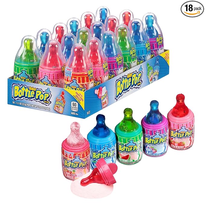 Baby Bottle Pop Christmas Candy Lollipop, 18 Ct Bulk Lollipops w/ Dipping Powder in Assorted Fruity Flavors, Full Size, Individually Wrapped Hard Candy For Party Favors, Stocking Stuffers, Kids Gifts