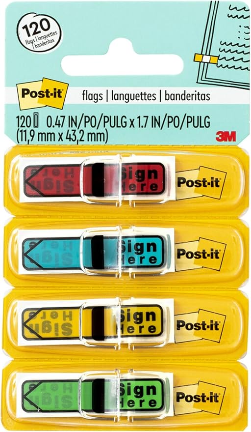 Post-it Message Sign Here Flags, 30/Dispenser, 4 Dispensers/Pack, .47 in Wide, Assorted Colors (684-SH)