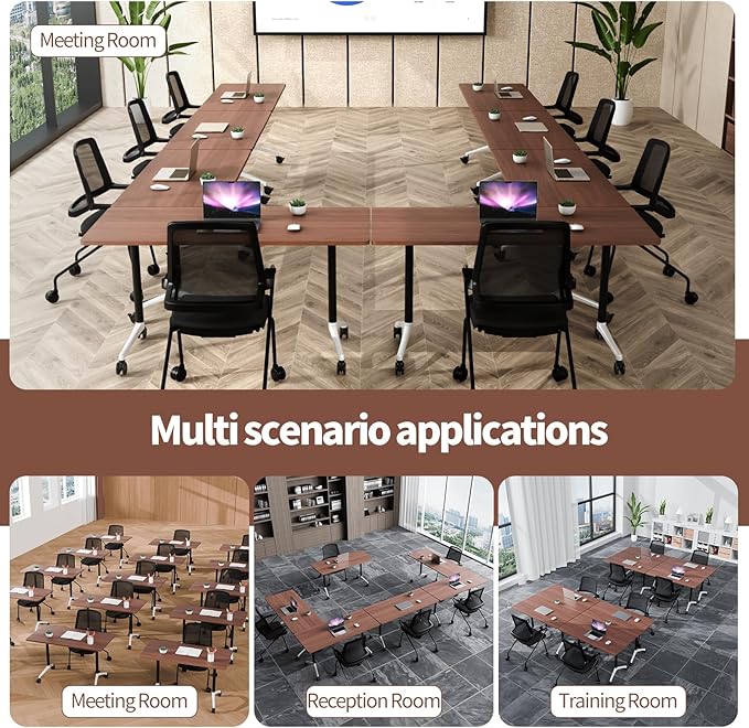 Conference Table, Foldable Conference Room Tables with Silent Wheels, Folding Modular Seminar Meeting Tables, Modern Rectangle Training Table for Office, Boardroom (2, Walnut2, 61.0)