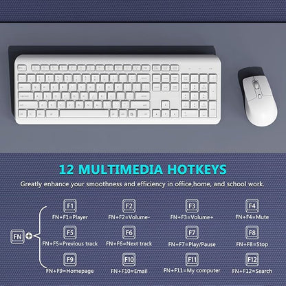 Wireless Keyboard and Mouse Combo, 2.4G Lag-Free Full Size Computer Keyboard and Ergonomic Adjustable DPI Silent Contoured Optical Mouse, Long Battery Life for PC, Windows, MAC Laptop (White)
