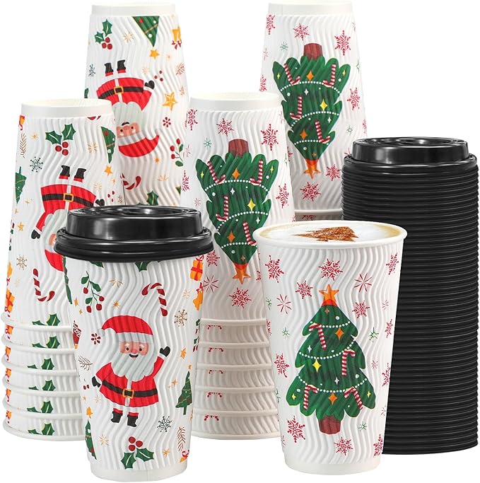 Lamosi 50 Pack - 16 oz Christmas Coffee Cups with Lids, Insulated Disposable To Go Paper Coffee Cups, Corrugated Ripple Wall Cup for Hot Drink