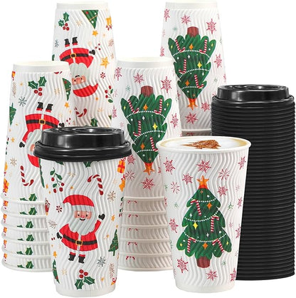 Lamosi 50 Pack - 16 oz Christmas Coffee Cups with Lids, Insulated Disposable To Go Paper Coffee Cups, Corrugated Ripple Wall Cup for Hot Drink