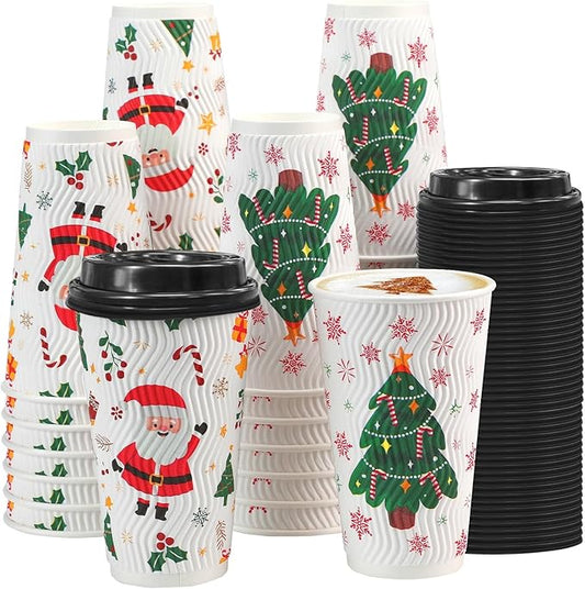 Lamosi 50 Pack - 16 oz Christmas Coffee Cups with Lids, Insulated Disposable To Go Paper Coffee Cups, Corrugated Ripple Wall Cup for Hot Drink