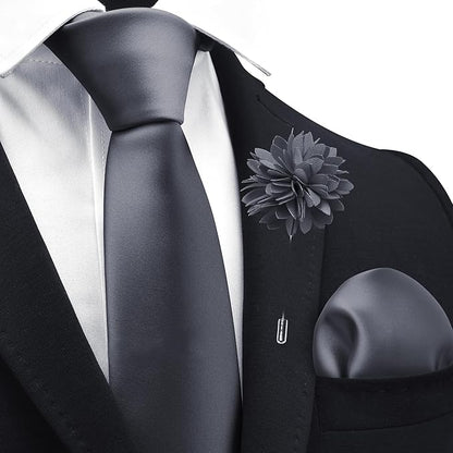 Branduce 3.15"（8cm） Pre-tied Adjustable Zipper Tie and Lapel Pin Solid Necktie Handkerchief Set for Men