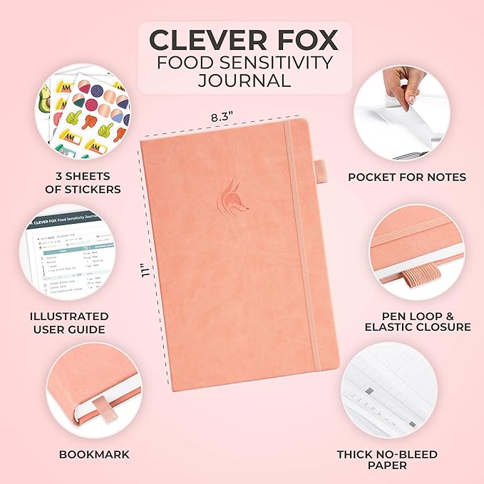 Clever Fox Food Sensitivity Journal Large – Daily Intolerance & Symptom Log for IBS, Diabetic, Low Fodmap, Elimination Diet – Health Tracker, 8.3x11” (Peach Pink)
