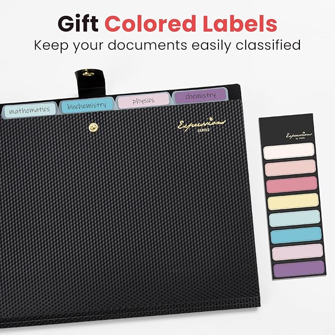 Sooez Expanding File Folder, Letter Size Accordion File Organizer, 5 Pocket Folders for Documents, Cute Folder with Labels, Portable Paper Organizer for School Office Supplies, A4 Size, Grey