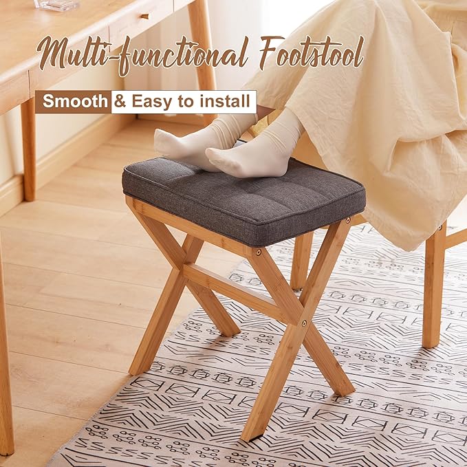 FILWH Foot Stool Small Ottoman Foot Rest Padded Foot Stool Desk Foot Stool for Under Office Desk Vanity Stool Bamboo Footstool Sofa Footrest Shoe Stool Small Foot Stools (Natural Legs + Gray)