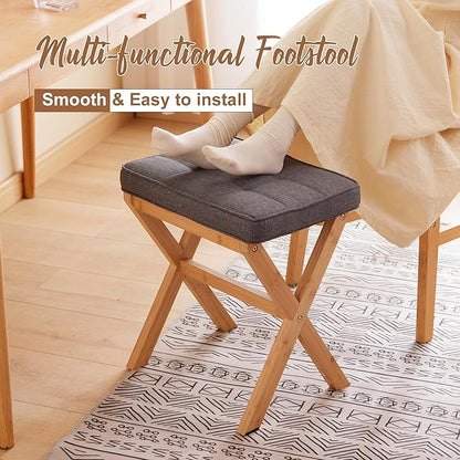 FILWH Foot Stool Small Ottoman Foot Rest Padded Foot Stool Desk Foot Stool for Under Office Desk Vanity Stool Bamboo Footstool Sofa Footrest Shoe Stool Small Foot Stools (Natural Legs + Gray)