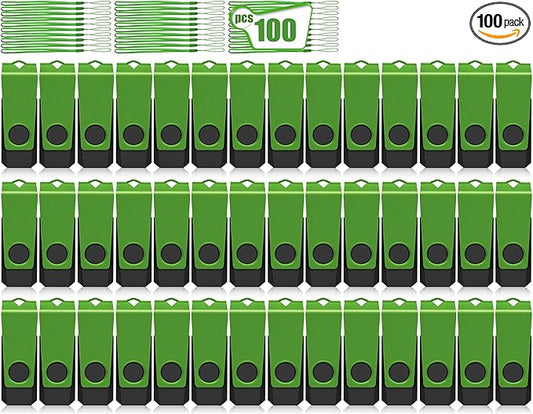 AGECASH 1GB USB Flash Drive 100 Pack Bulk USB Thumb Drive Green Swivel USB 2.0 Flash Drives Memory Stick 1GB USB Drive Pack of 100 Pen Drive Jump Drive Multipack for Data Stroage and Backup