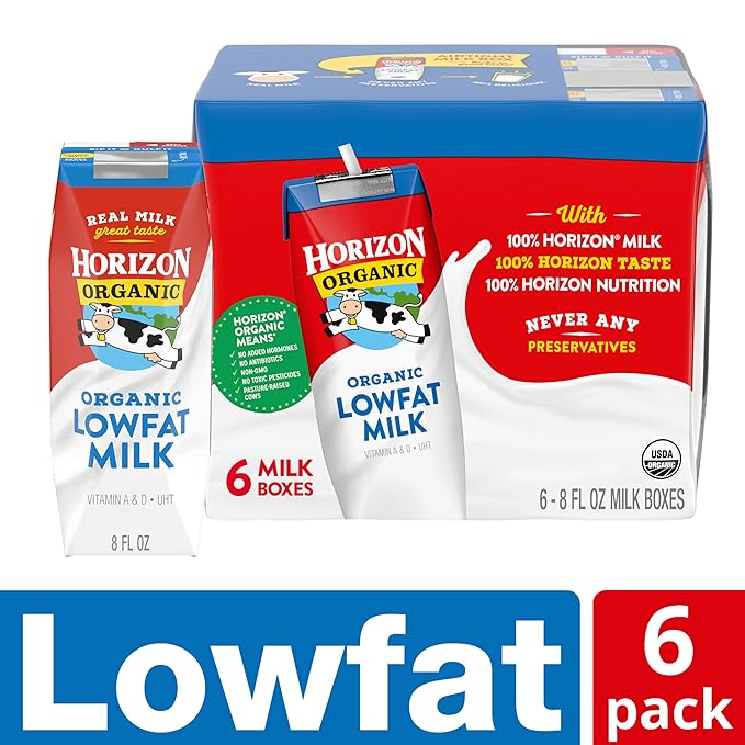 Horizon Organic Shelf Stable 1% Lowfat Milk Boxes, 8 fl oz, 6 Count - 8g Protein per Serving, USDA Organic UHT, Ready to Drink for Lunchbox, Travel, or On-the-Go, No Refrigeration Needed