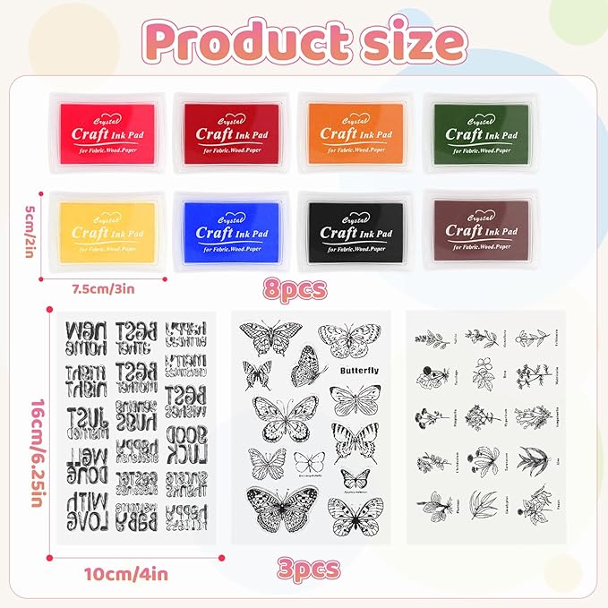 Craft Ink Pads and Clear Stamps Set for Card Making, 8 Washable Finger Stamp Pad,Rubber Stamps for Journaling, Scrapbooking, DIY Arts Craft Beginner Kit for Teens and Adults