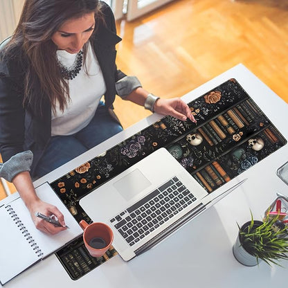 Dark Bookshelf Desk Pad Gothic Gaming Mouse Mat XL, Black Large Computer Keyboard Mat Mystery Flowers Desk Mat, Cool Mouse Pad Full Desktop Mat, Vintage Desk Decor Accessories 31.5" x 11.8"