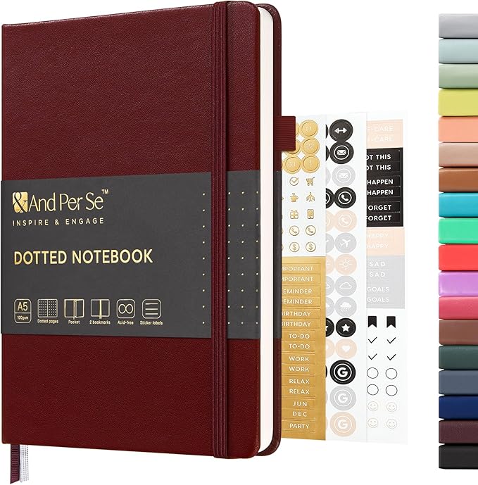 A5 Hardcover Leather Bullet Dotted Journal, 160 Pages 100 gsm Thick Paper，3 Sheets of Stickers Included - 5.7'' x 8''（Dark Red）