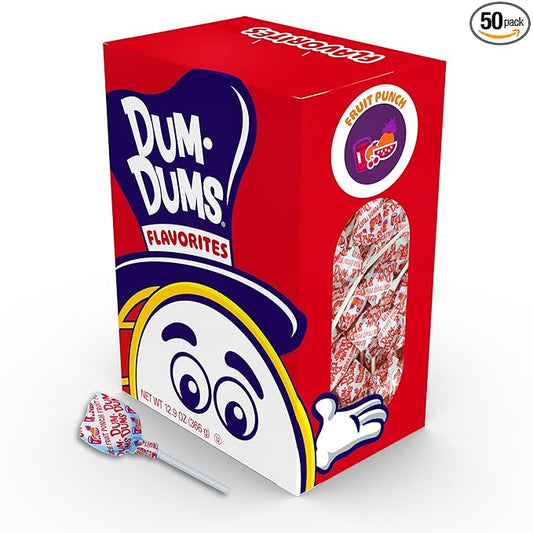 Dum Dums Fruit Punch Lollipops - Bulk Candy Box with Lollipops Individually Wrapped, Single Flavor Gourmet Suckers - 50 Count