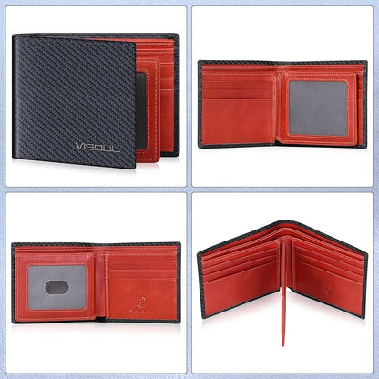 VISOUL Mens Bifold Wallet with 2 ID Windows Carbon Fiber Leather, RFID Blocking Secure Designer Billfold Wallets for Men with Two Cash Compartments (Black+Orange Red)