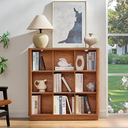 9 Cube Storage Book Shelf, 40" Tall Organizer Bookshelf with Curved Edge, Wood Floor Standing 3-Tier Cubby Bookcase with Base, Country Rustic Display Book Case for Library, Office, Orange Oak