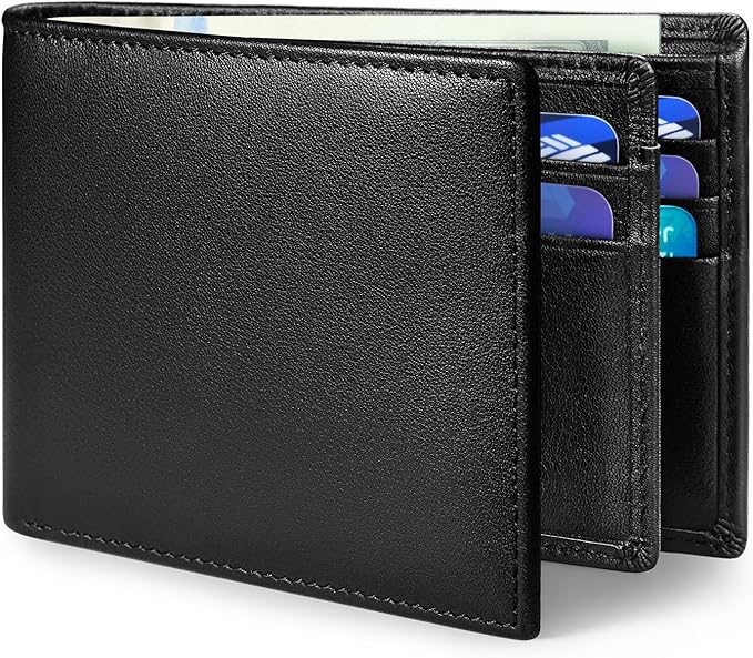 Genuine Leather Mens Wallet, RFID Blocking Bifold Wallet for Men with ID Window, 11 Credit Card Slots (Black)